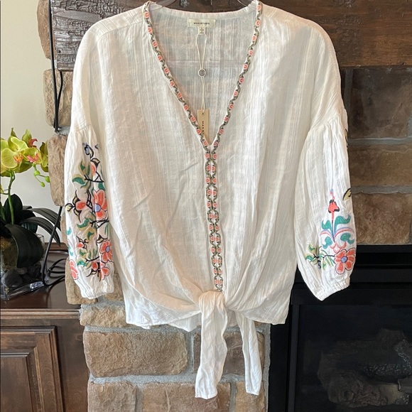 Max Studio Tie Front Embroidered Top NWT - Picture 1 of 9